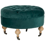 Pouf rond capitonné | Structure en bois massif | Finition chêne cérusé, lin pur, roulettes
