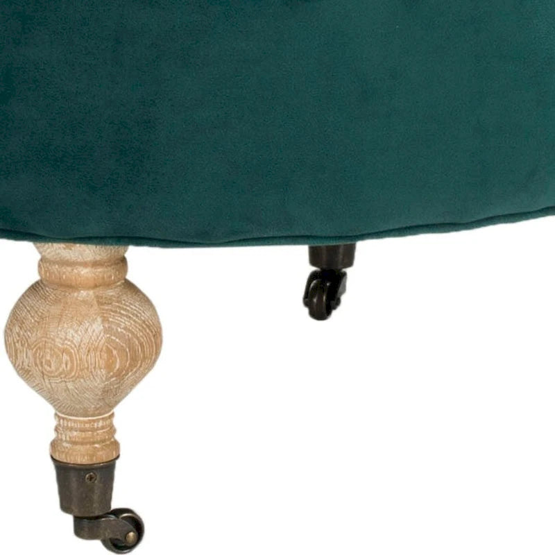 Pouf rond capitonné | Structure en bois massif | Finition chêne cérusé, lin pur, roulettes