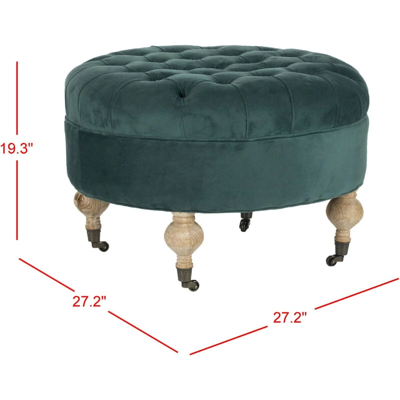 Pouf rond capitonné | Structure en bois massif | Finition chêne cérusé, lin pur, roulettes