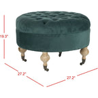Pouf rond capitonné | Structure en bois massif | Finition chêne cérusé, lin pur, roulettes