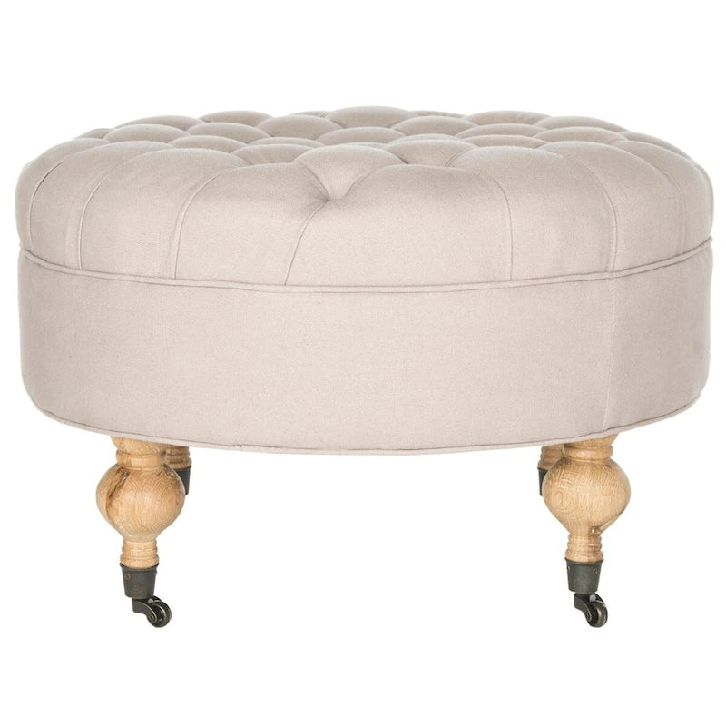 Pouf rond capitonné | Structure en bois massif | Finition chêne cérusé, lin pur, roulettes