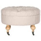 Pouf rond capitonné | Structure en bois massif | Finition chêne cérusé, lin pur, roulettes