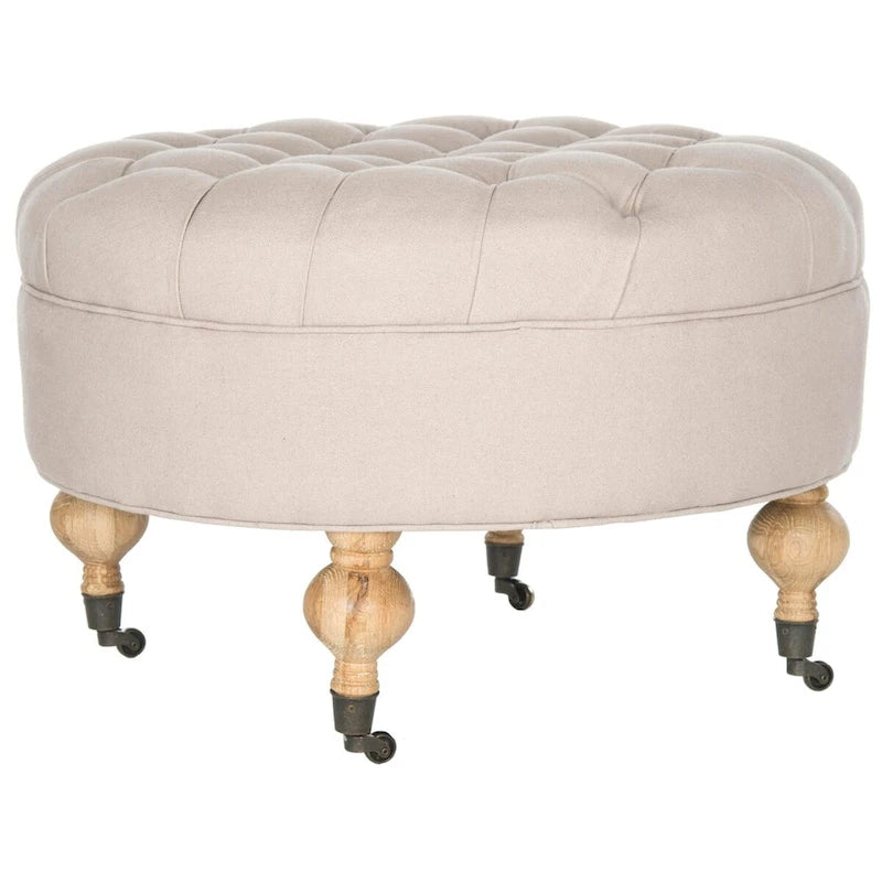 Pouf rond capitonné | Structure en bois massif | Finition chêne cérusé, lin pur, roulettes