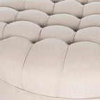 Pouf rond capitonné | Structure en bois massif | Finition chêne cérusé, lin pur, roulettes