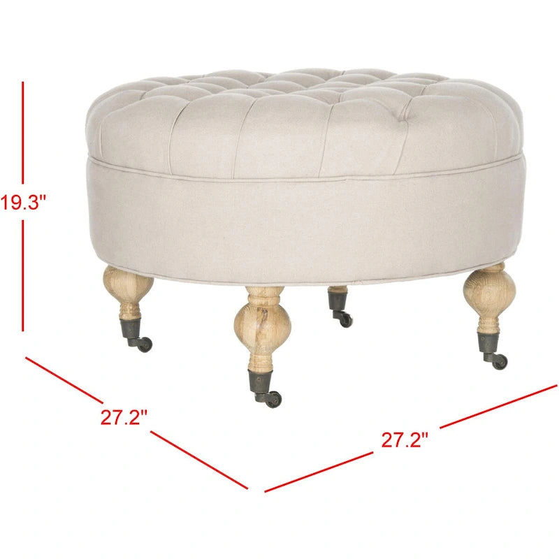 Pouf rond capitonné | Structure en bois massif | Finition chêne cérusé, lin pur, roulettes