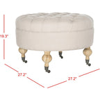 Pouf rond capitonné | Structure en bois massif | Finition chêne cérusé, lin pur, roulettes