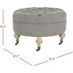 Pouf rond capitonné | Structure en bois massif | Finition chêne cérusé, lin pur, roulettes