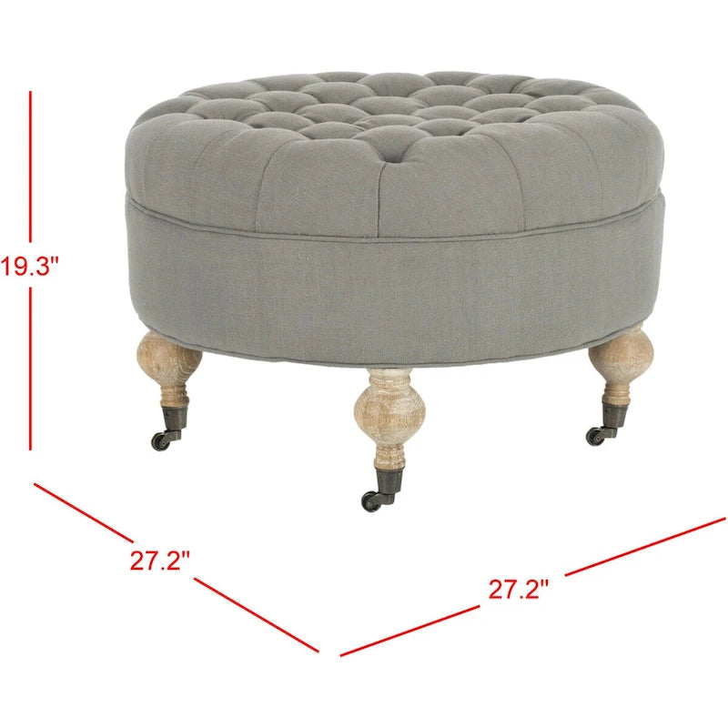 Pouf rond capitonné | Structure en bois massif | Finition chêne cérusé, lin pur, roulettes