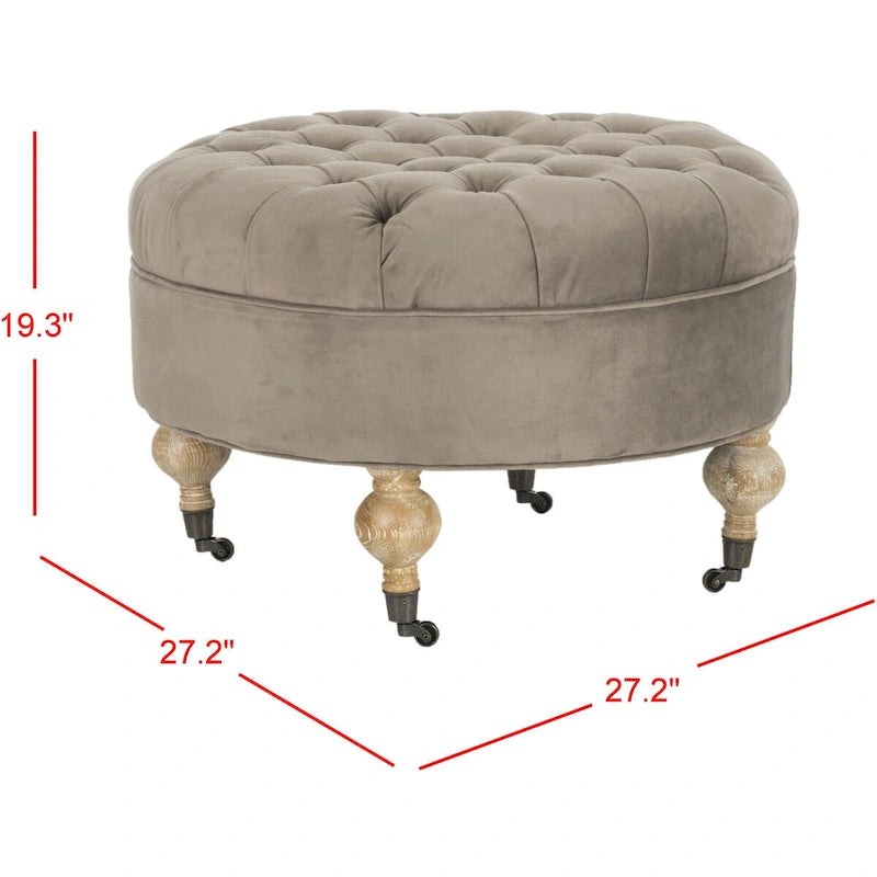 Pouf rond capitonné | Structure en bois massif | Finition chêne cérusé, lin pur, roulettes