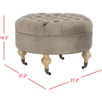 Pouf rond capitonné | Structure en bois massif | Finition chêne cérusé, lin pur, roulettes