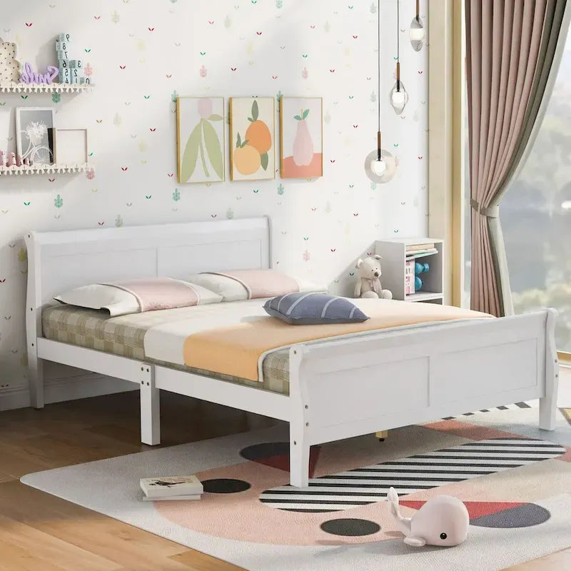 Lit double traîneau avec tête et pied de lit | Lattes en bois massif | Sans sommier tapissier