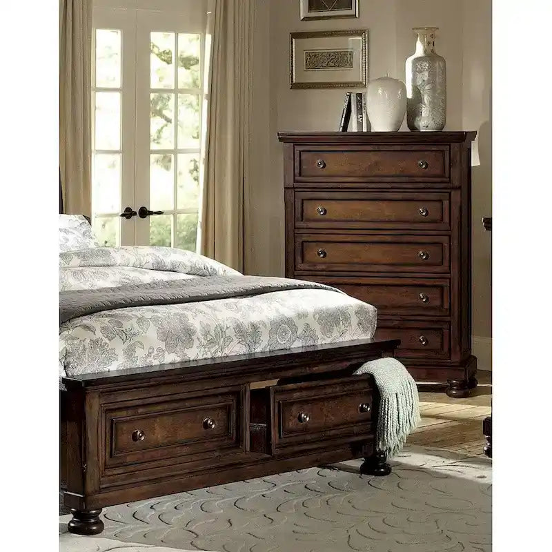 Ensemble de chambre à coucher 3 pièces finition cerisier marron : lit plateforme avec rangement, commode et table de chevet