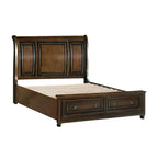 Ensemble de chambre à coucher 3 pièces finition cerisier marron : lit plateforme avec rangement, commode et table de chevet