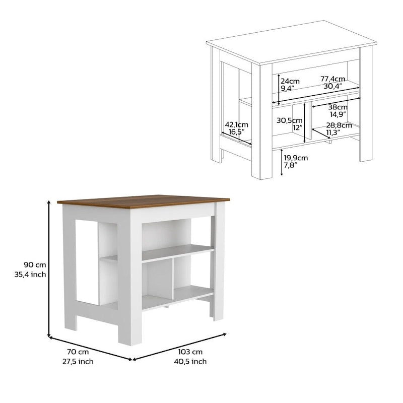 Table de salle à manger îlot de cuisine en bois de 40,5 po de largeur avec 3 tablettes