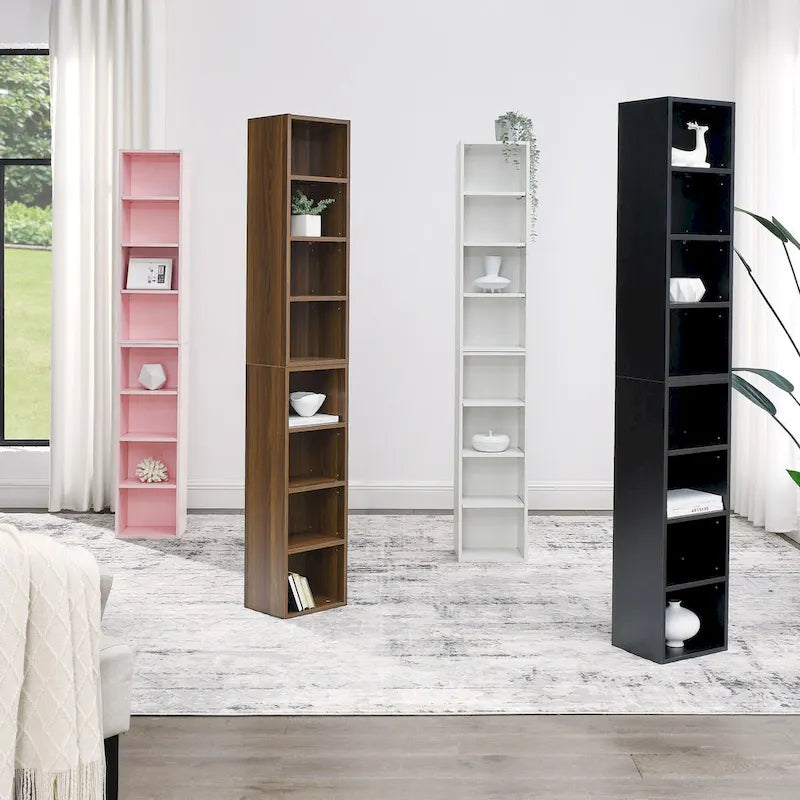 Tour de rangement multimédia à 8 niveaux, meuble de rangement fin pour CD et DVD avec étagères réglables, bibliothèque multi-fonctions à deux étages