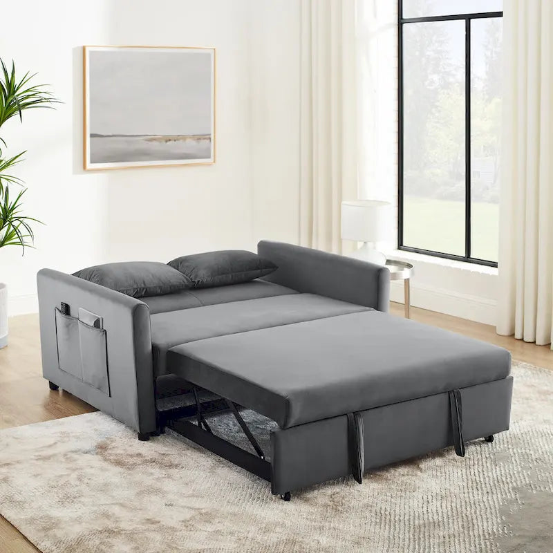 Canapé-Lit Convertible, Canapé Double Polyvalent 3-en-1 en Velours avec Lit Escamotable