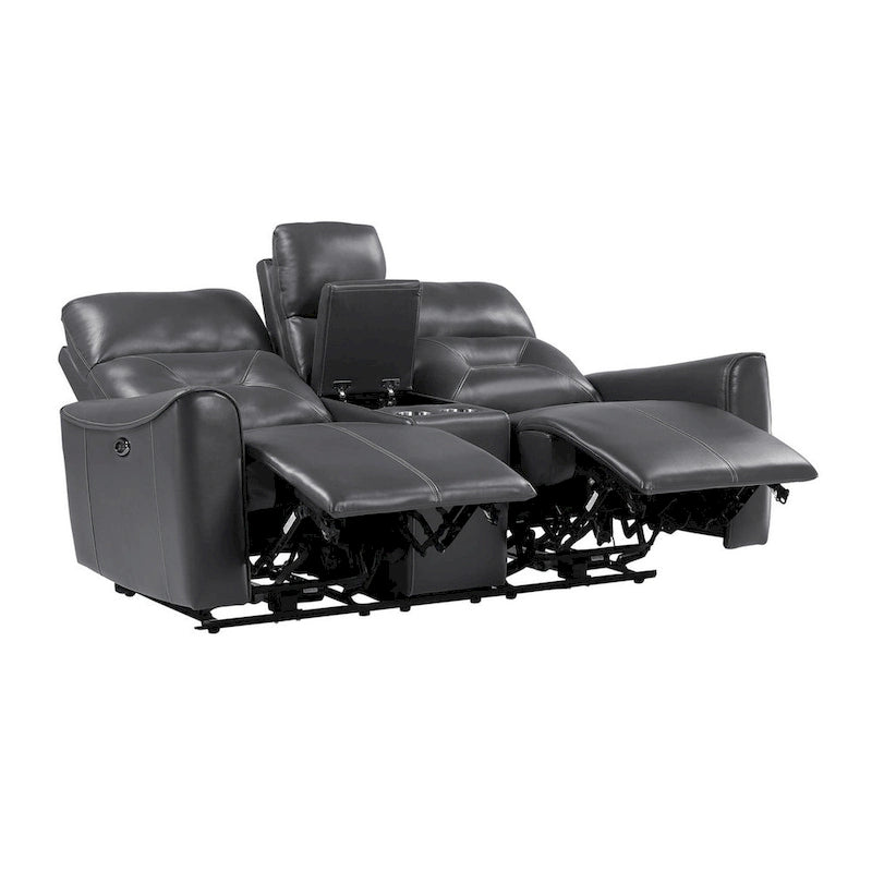 73" Power Double Recliner Loveseat | Dark Gray Faux Leather, USB Ports, Cup Holders