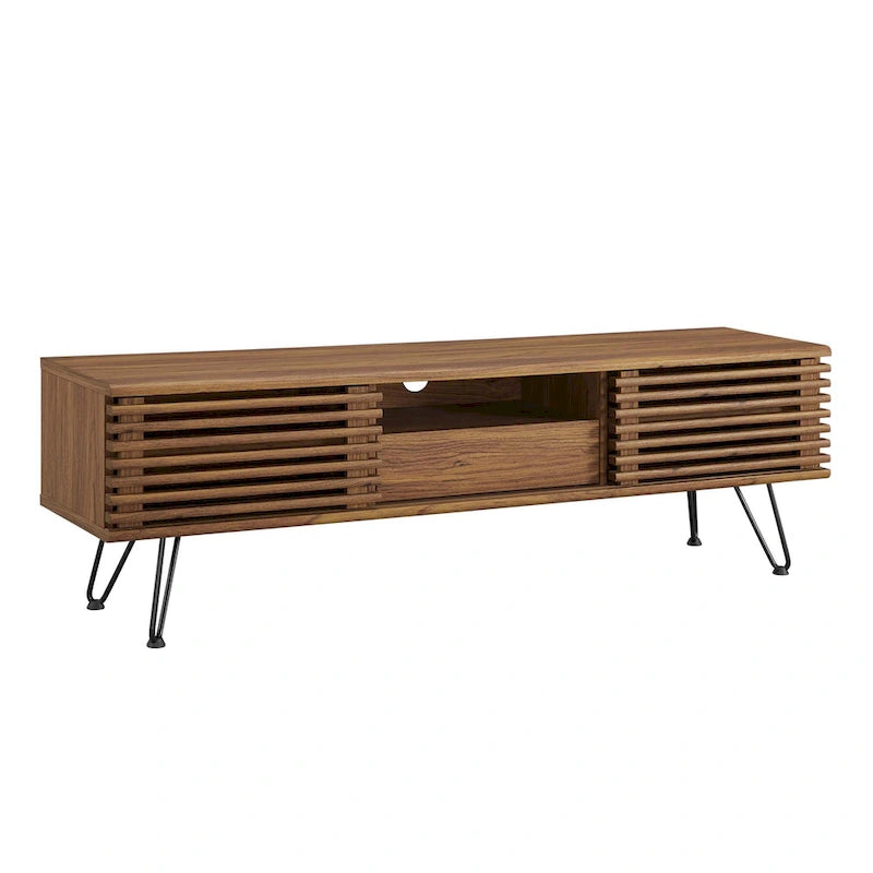 Meuble TV console média mi-siècle 59" | Noyer | Pieds épingles, Portes coulissantes