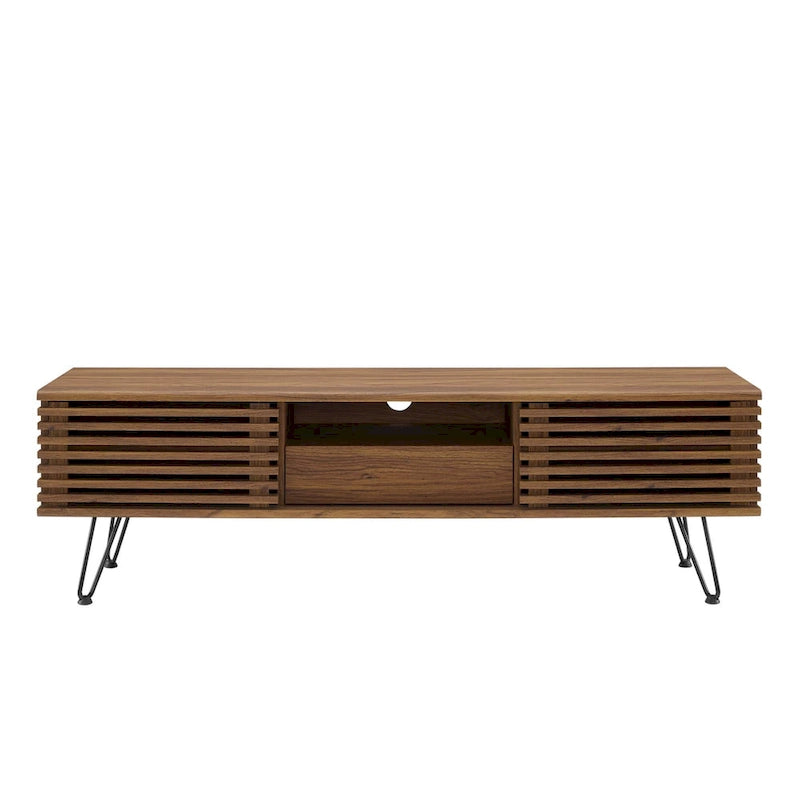 Meuble TV console média mi-siècle 59" | Noyer | Pieds épingles, Portes coulissantes