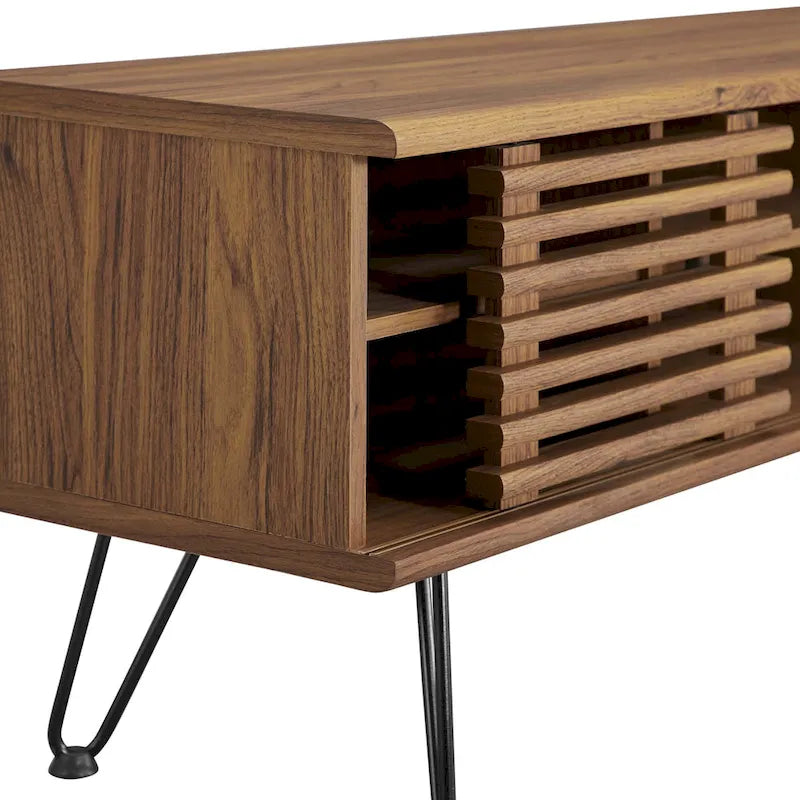 Meuble TV console média mi-siècle 59" | Noyer | Pieds épingles, Portes coulissantes