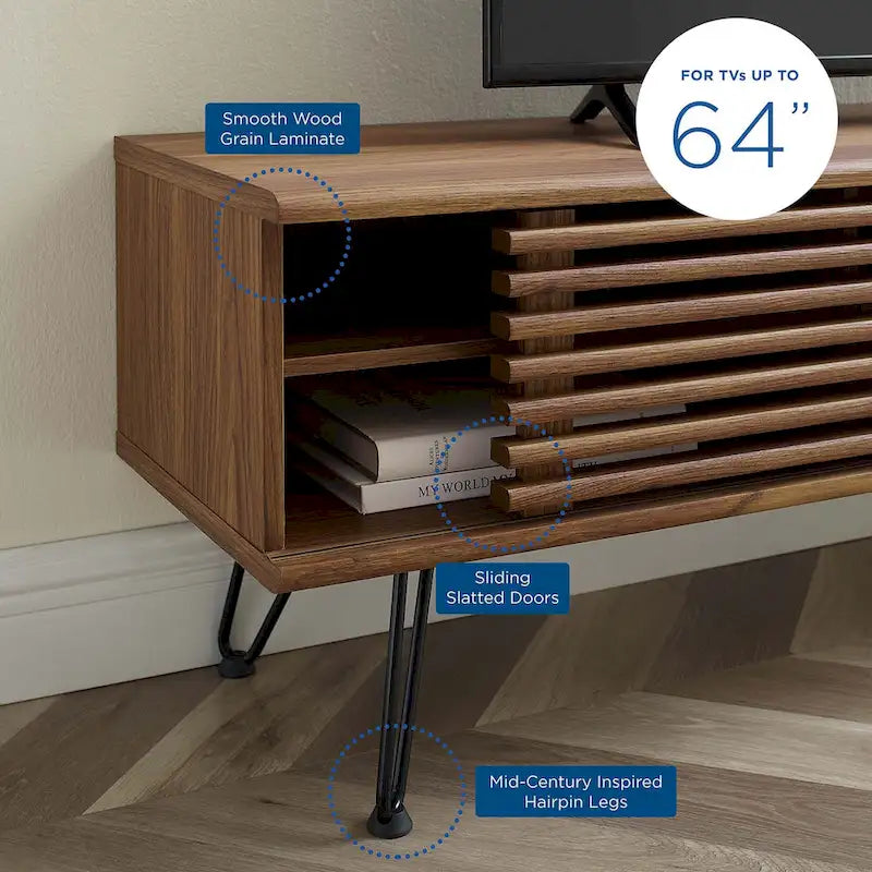 Meuble TV console média mi-siècle 59" | Noyer | Pieds épingles, Portes coulissantes