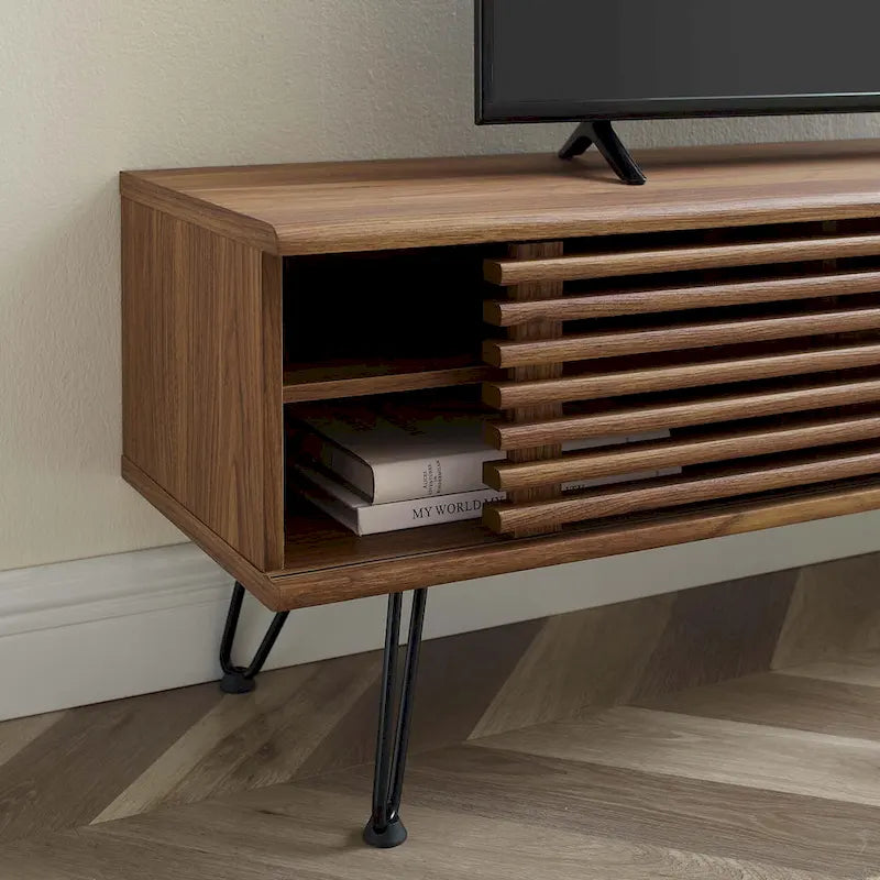 Meuble TV console média mi-siècle 59" | Noyer | Pieds épingles, Portes coulissantes