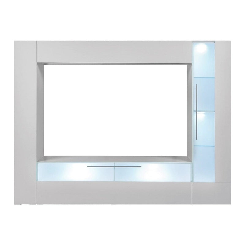 Meuble TV mural avec éclairage LED et placards en verre | Finition brillante | Bibliothèque cachée
