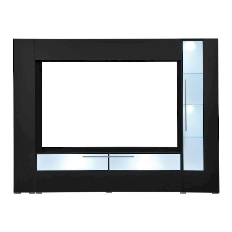 Meuble TV mural avec éclairage LED et placards en verre | Finition brillante | Bibliothèque cachée