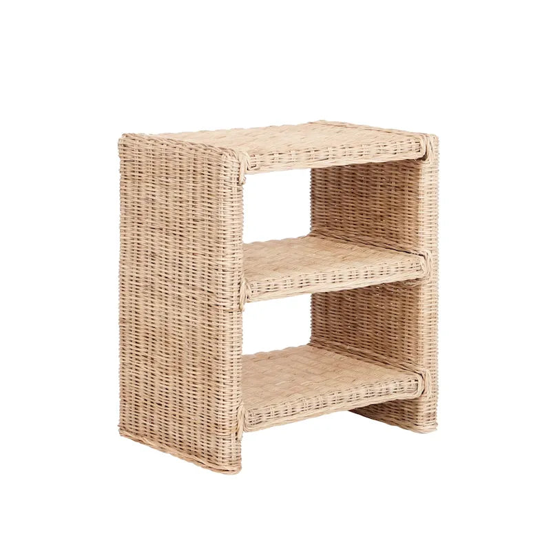 Table d'appoint à 3 niveaux en rotin et bois de manguier | Bohème côtier | Tressage naturel, capacité 25 kg