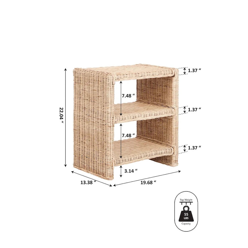 Table d'appoint à 3 niveaux en rotin et bois de manguier | Bohème côtier | Tressage naturel, capacité 25 kg