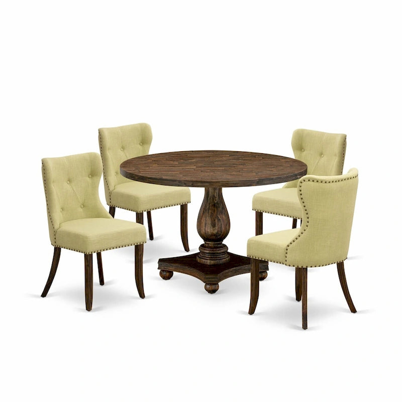 Ensemble de salle à manger rond avec chaises en tissu de lin | Bois d'hévéa | Chêne patiné jacobéen