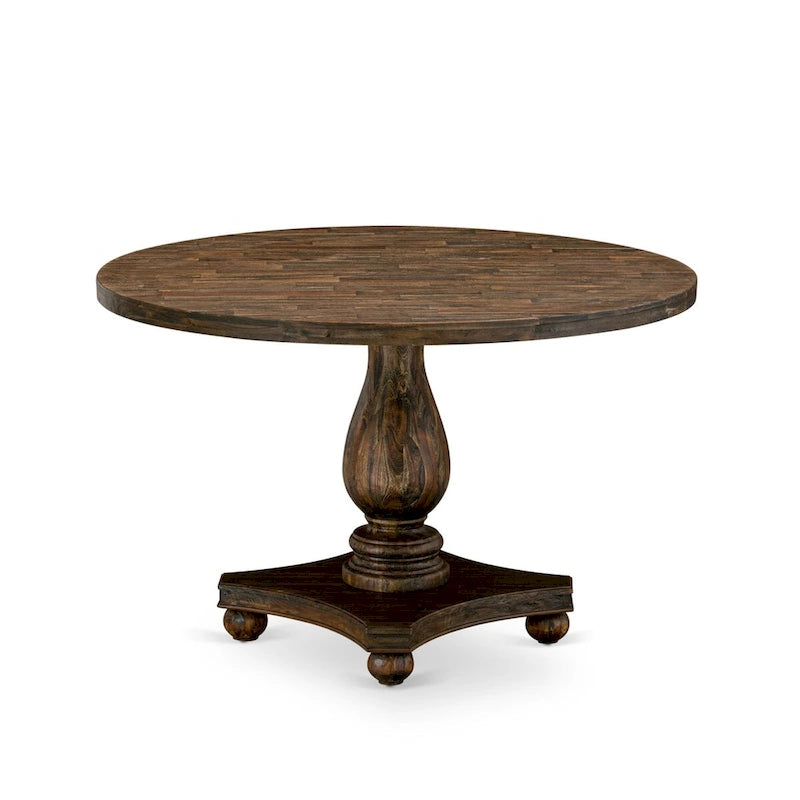 Ensemble de salle à manger rond avec chaises en tissu de lin | Bois d'hévéa | Chêne patiné jacobéen