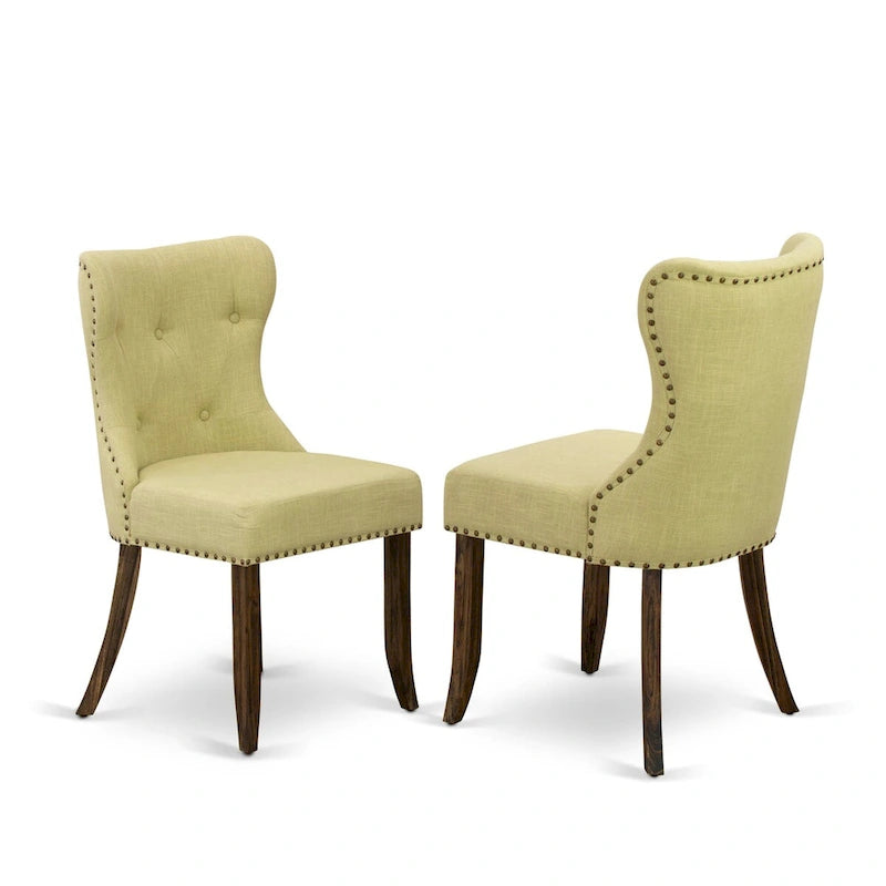 Ensemble de salle à manger rond avec chaises en tissu de lin | Bois d'hévéa | Chêne patiné jacobéen