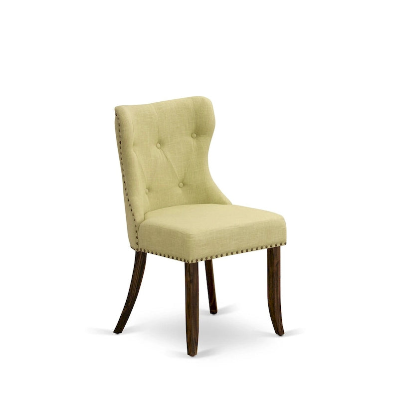 Ensemble de salle à manger rond avec chaises en tissu de lin | Bois d'hévéa | Chêne patiné jacobéen