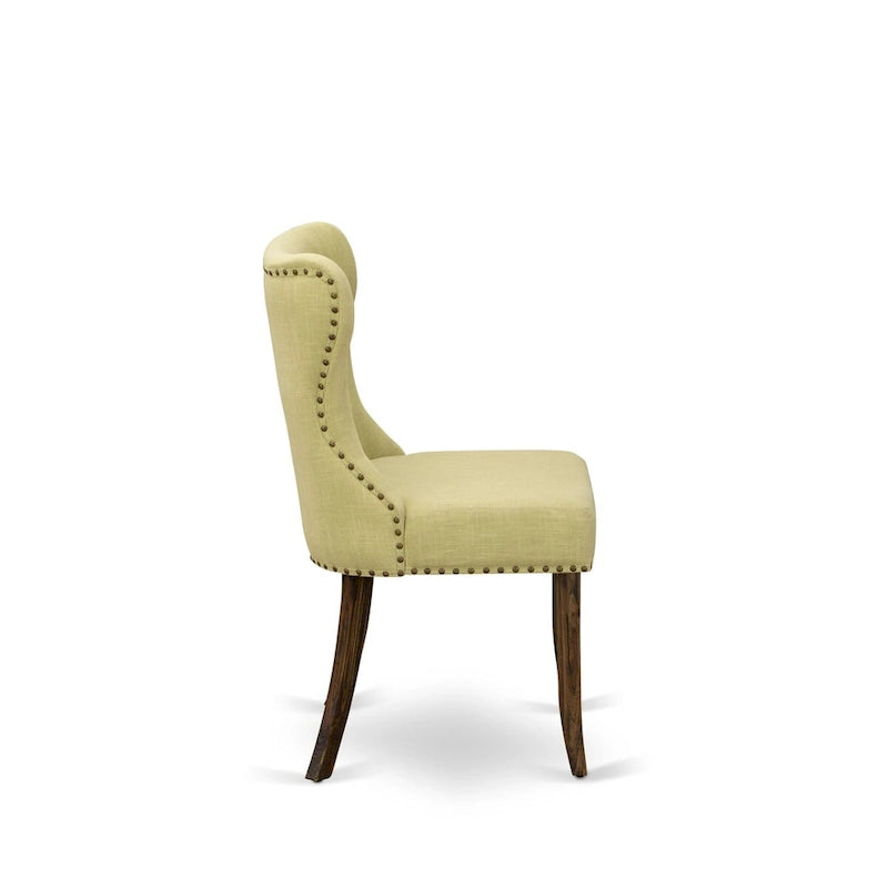Ensemble de salle à manger rond avec chaises en tissu de lin | Bois d'hévéa | Chêne patiné jacobéen