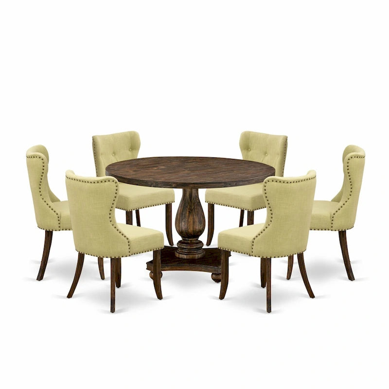 Ensemble de salle à manger rond avec chaises en tissu de lin | Bois d'hévéa | Chêne patiné jacobéen