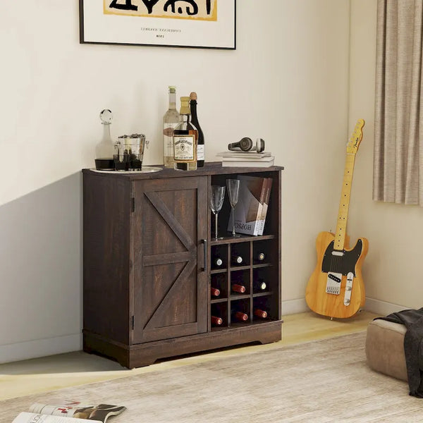 Barn Door Buffet Bar Cabinet with Wine Rack Sideboard Cabinet