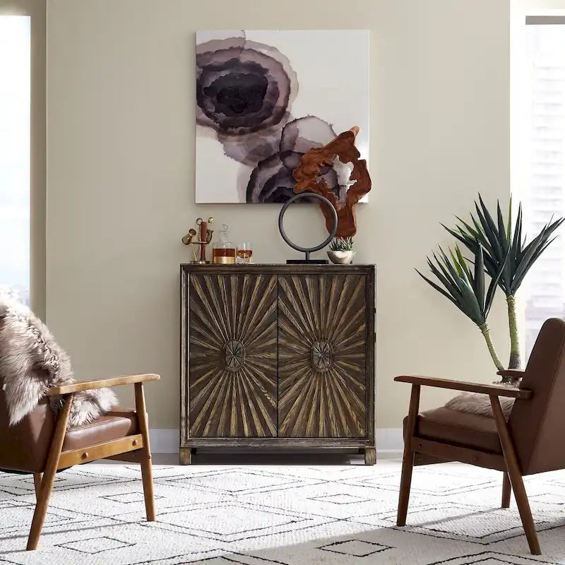 2-Door Wine Cabinet with 17-Bottle Rack & Drawer | Starburst Design | Aged Whiskey