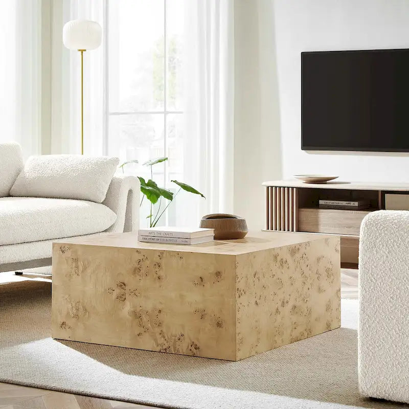 Table basse carrée de 36" en loupe de bois | Structure MDF | Capacité de 200 kg, Aucun assemblage requis