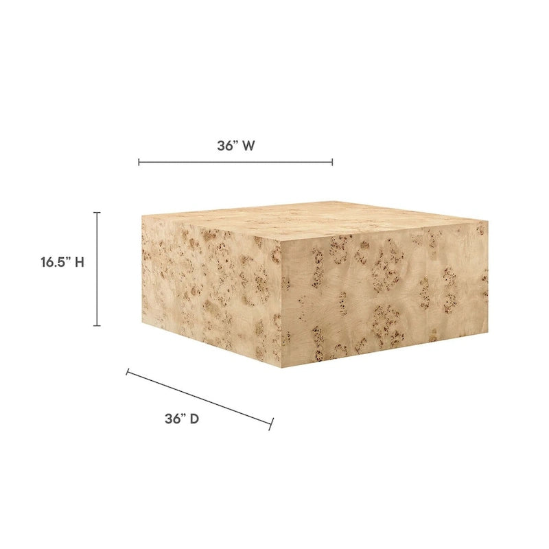 Table basse carrée de 36" en loupe de bois | Structure MDF | Capacité de 200 kg, Aucun assemblage requis
