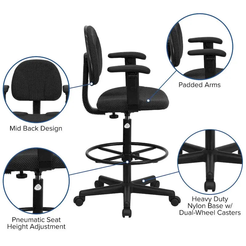 Chaise de bureau à dossier haut en tissu avec accoudoirs (Vérins : 22,5-27H ou 26-30,5H)