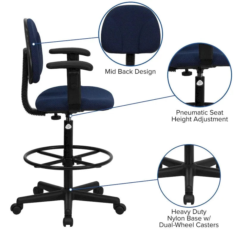 Chaise de bureau à dossier haut en tissu avec accoudoirs (Vérins : 22,5-27H ou 26-30,5H)