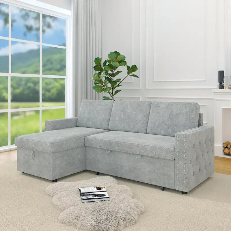 Canapé convertible avec méridienne de rangement, Chenille - Gris clair