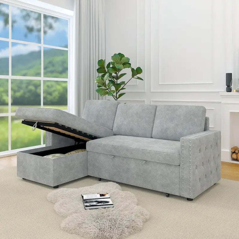 Canapé convertible avec méridienne de rangement, Chenille - Gris clair