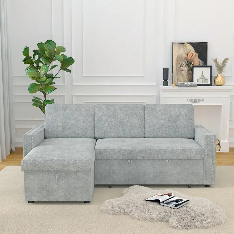 Canapé convertible avec méridienne de rangement, Chenille - Gris clair