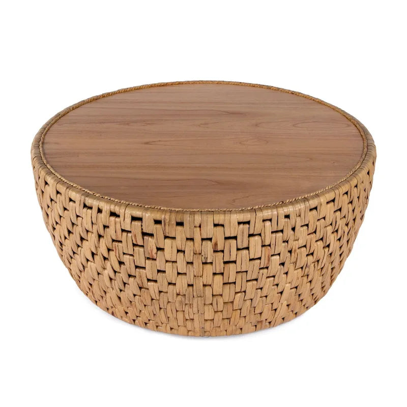 Table basse ronde en rotin en forme de tambour | Table d'appoint bohème tressée pour salon