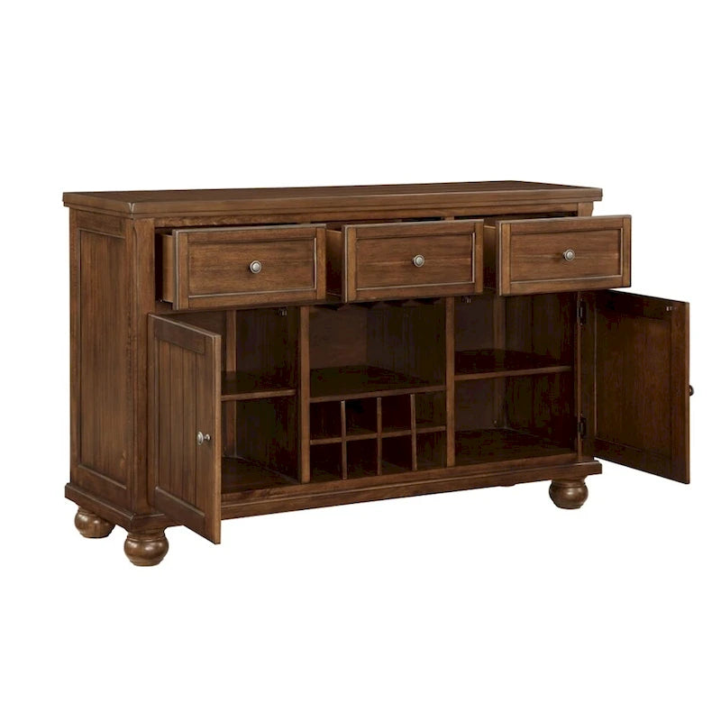 3 Drawers and 2 Doors Wooden Server with Wine Storage in Walnut