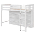 Lit mezzanine double en bois avec 8 étagères de rangement ouvertes et échelle intégrée
