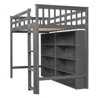 Lit mezzanine double en bois avec 8 étagères de rangement ouvertes et échelle intégrée