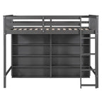Lit mezzanine double en bois avec 8 étagères de rangement ouvertes et échelle intégrée